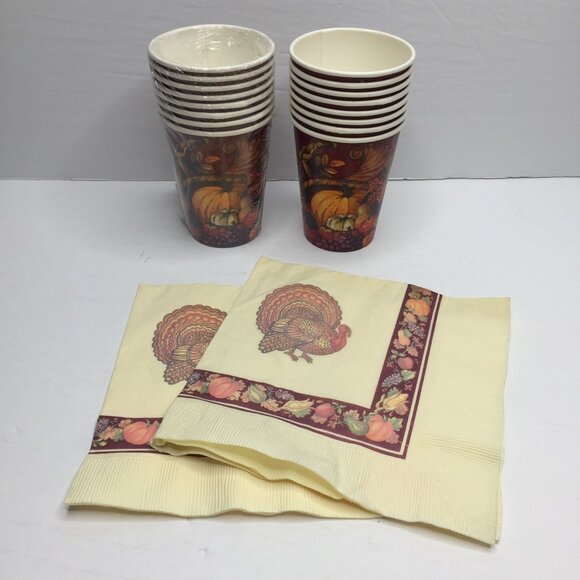 Thanksgiving Themed Turkey Paper Hot Cold Cups & Napkins Set - Picture 1 of 12